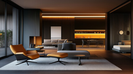 Modern minimalist living room with orange accent chair, gray sofa, and integrated kitchen featuring ambient lighting and stylish decor in a luxurious setting