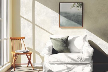 cozy interior design, bright white plush sofa in a sunny spot by a neutral stucco wall, perfect for comfort and inspiration, with plenty of room