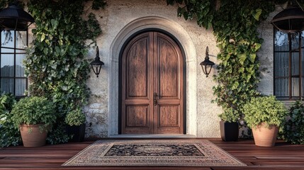 Fototapeta premium Rustic stone house entrance with arched wooden door, plants, and rug.