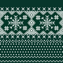 Christmas and New Year green and white seamless pattern, pixel pattern in green and white with Nordic snowflakes for winter hats, Scandinavian Norwegian Sweater, jumpers, wallpaper, paper or other des
