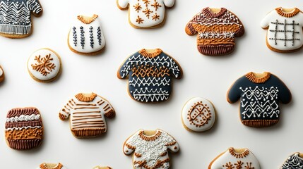 Creative ugly sweater cookies decorated with vibrant icing, intricate patterns, and holiday symbols, set against a white background