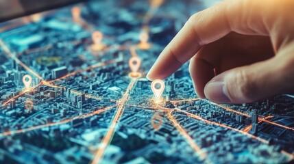 Finger pointing at a city map on a digital tablet screen.