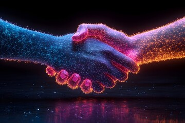 A digital handshake that is supposed to symbolize the cooperation between humans and robots, glowing blue and purple