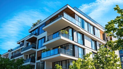 Obraz premium A modern apartment building with balconies against the blue sky