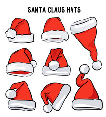 Christmas Santa Claus hats with fur set hand drawn.