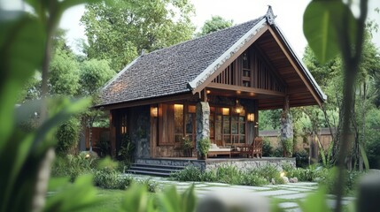 A cozy countryside house model surrounded by lush greenery and natural elements