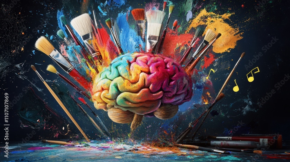 Poster a creative brain exploding with color, surrounded by art supplies like paintbrushes and musical note