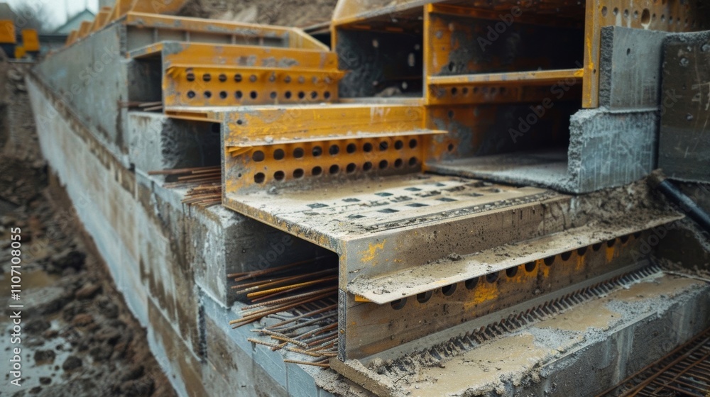 Poster the intricate formwork for a concrete staircase is carefully assembled allowing for the perfect plac