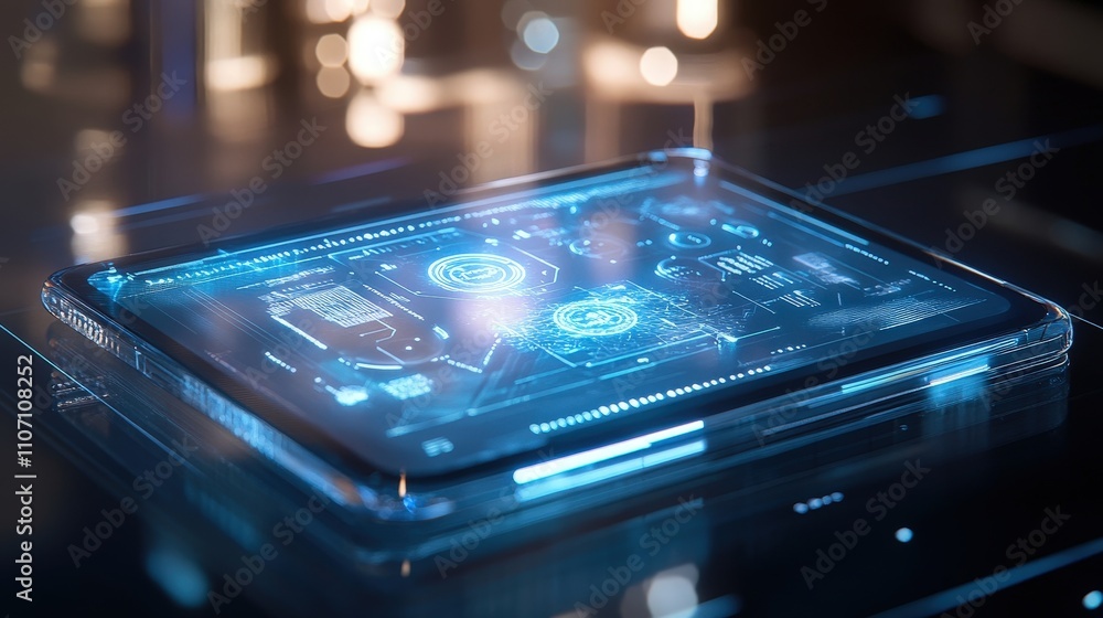 Poster a cutting-edge mobile device with an ai system and holographic scale interface.