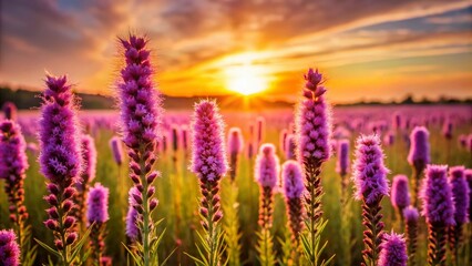 Fototapeta premium Stunning Abstract Landscape of Blooming Purple Liatris Spicata Wildflower Meadow Under Warm Sunset Rays, Capturing Nature's Beauty in a Scenic Outdoor Setting