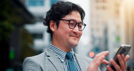 Business, man and smile with phone in city for internet scroll, location search or mobile app for checking schedule. Japanese person, happy and smartphone in urban town for texting on morning commute