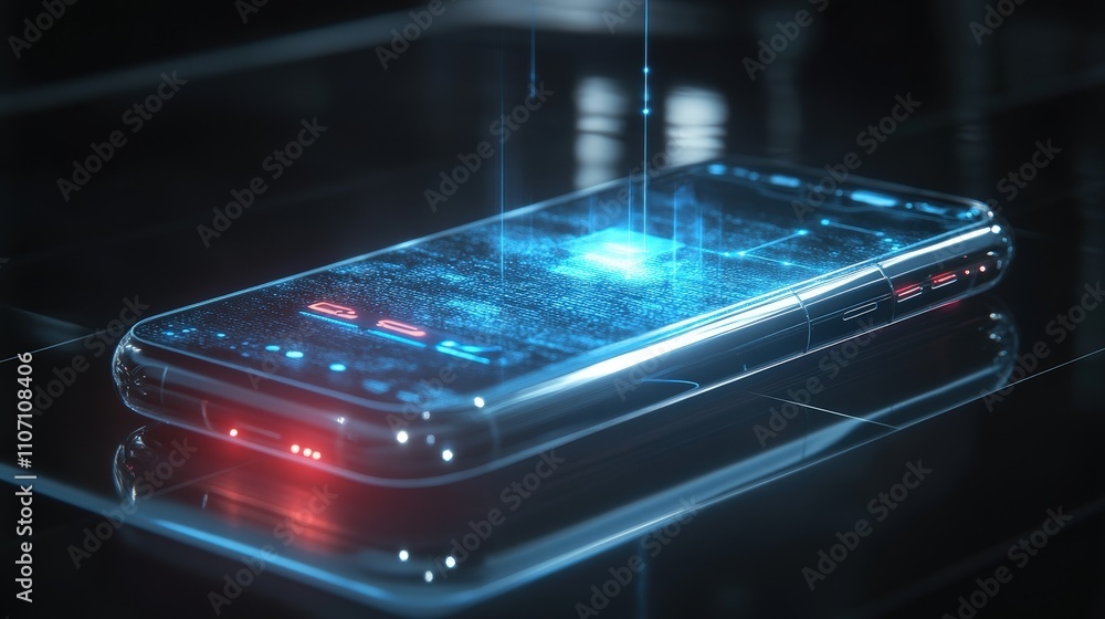 Poster a cutting-edge mobile phone powered by ai, with a holographic scale interface that projects 3d visua
