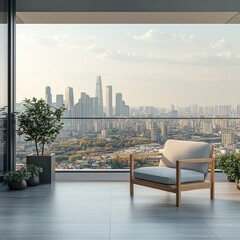 Fototapeta premium A modern living space with a comfortable chair and a stunning city skyline view through large glass windows.