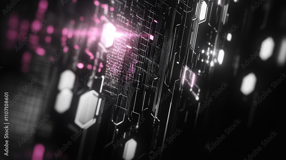 Poster a dark digital background with glowing data streams, subtle hexagonal patterns, and light effects.