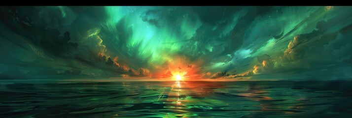 Arctic Clouds at Night: Northern Lights Aurora Borealis in Green Sky Landscape