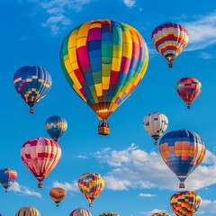 Obraz premium Colorful hot air balloons drift across a bright blue sky, creating a vibrant spectacle of colors and patterns against the clouds.