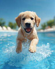 Happy golden retriever puppy emerging from swimming pool.