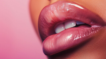 Fashionable Lip Makeup Close-up: Natural Pink Lips with Smooth Texture, Trendy Aesthetic Color Grading for Magazine Cover Appearance