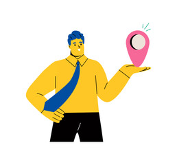Business man holding the location pin. Flat vector illustration isolated on white background