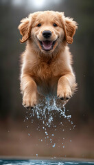 Happy golden retriever puppy jumping into water.
