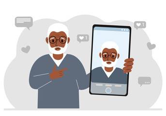 A male video blogger records or watches a video or photo on a smartphone. Various social media icons. Vector flat illustration