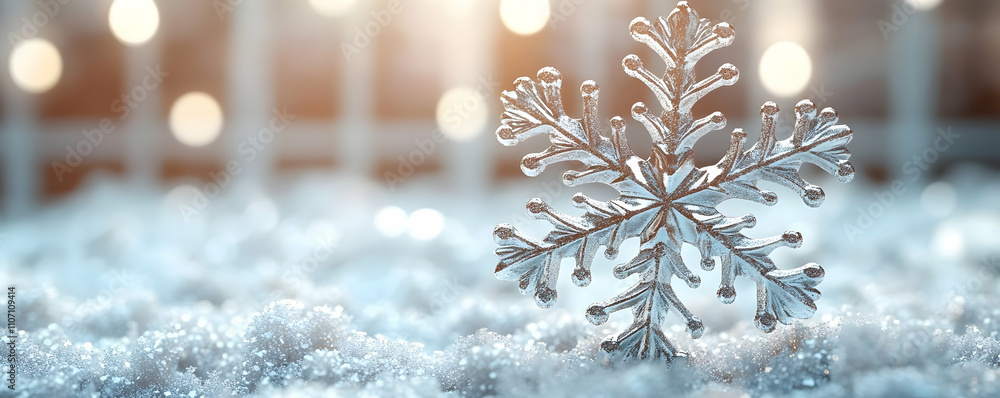 Poster silver snowflake on snow with bokeh lights.