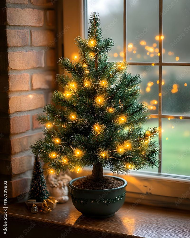 Poster small illuminated artificial christmas tree in a pot on a windowsill.