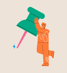 Man holding the big tack map pin. Colorful vector illustration