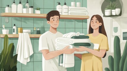 Obraz premium Young couple happily organizing towels in a modern bathroom with greenery, bright colors, and stylish decor to create a cozy and inviting atmosphere for their home.