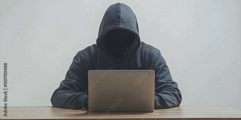 Poster a hacker in a black hoodie with their face hidden is sitting at a sliver laptop and typing on the ke