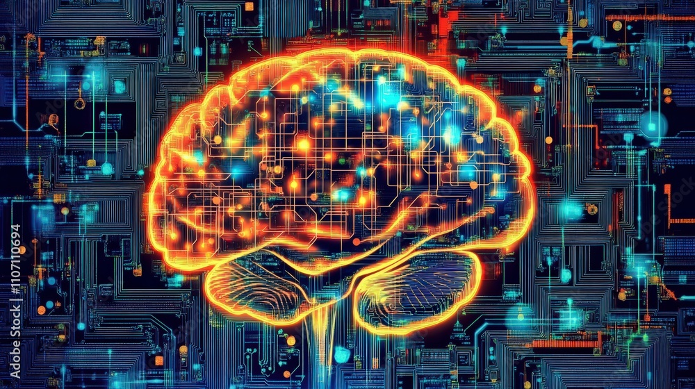 Poster a digital brain made of circuitry and light, symbolizing artificial intelligence and neural networks