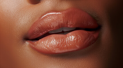 Fashionable Lip Makeup Close-up: Natural Pink Lips with Smooth Texture, Trendy Aesthetic Color Grading for Magazine Cover Appearance