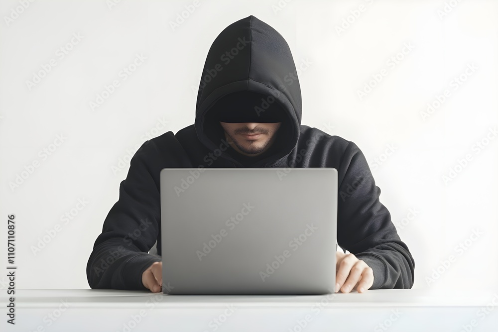 Poster a hacker in a black hoodie with their face hidden is sitting at a sliver laptop and typing on the ke