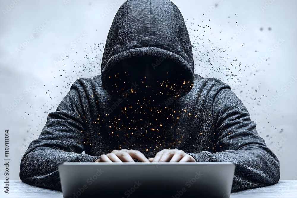 Poster a hacker in a black hoodie with their face hidden is sitting at a sliver laptop and typing on the ke