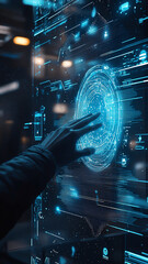 Obraz premium AI disruption make transformation happen, A hand interacting with a glowing digital interface in a futuristic setting.
