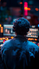 Fototapeta premium A person with headphones monitors screens in a dimly lit, colorful environment.