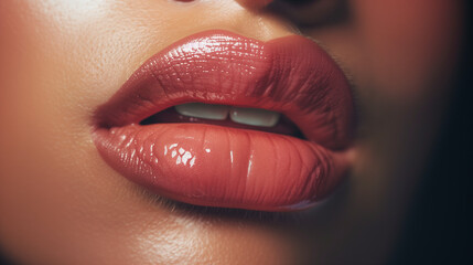 Fashionable Lip Makeup Close-up: Natural Pink Lips with Smooth Texture, Trendy Aesthetic Color Grading for Magazine Cover Appearance