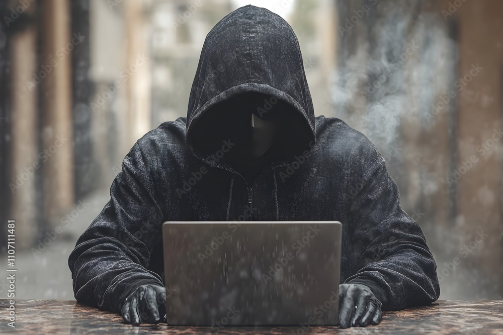 Poster a hacker in a black hoodie with their face hidden is sitting at a sliver laptop and typing on the ke