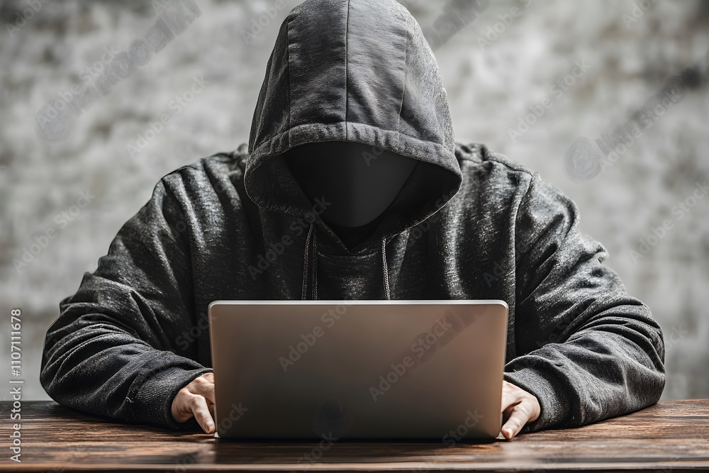 Poster a hacker in a black hoodie with their face hidden is sitting at a sliver laptop and typing on the ke