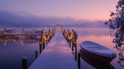 Obraz premium Serene Winter Dock at Sunrise with Twinkling Lights Reflected in Calm Waters, Capturing the Tranquility of a Snow-Covered Landscape in a Winter Wonderland