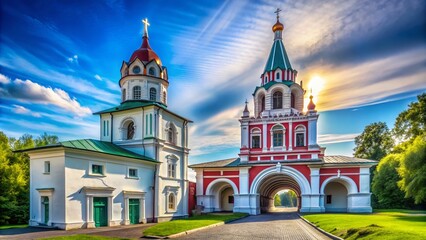 Fototapeta premium Stunning Architectural Photography of the Bell Tower and Front Gate at Kolomenskoye, Moscow, Capturing the Beauty of Historical Structures and Scenic Surroundings in a Unique Perspective