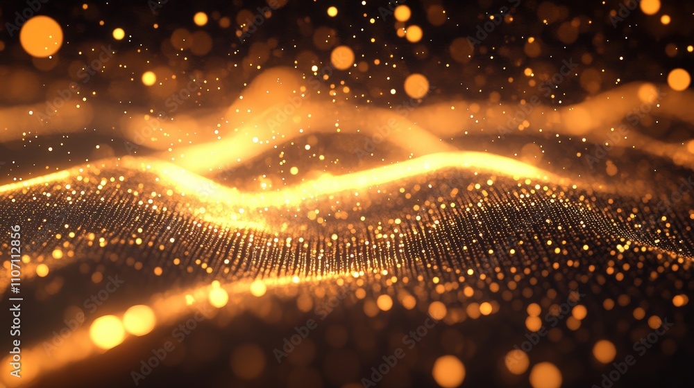 Poster a dynamic digital background with a grid of light particles and floating holograms.