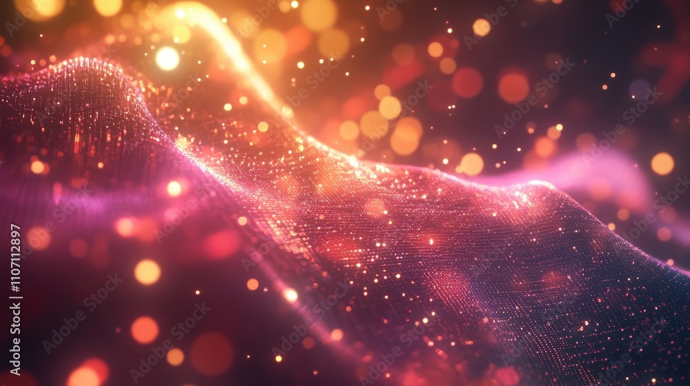 Poster a dynamic digital background with a grid of light particles and floating holograms.