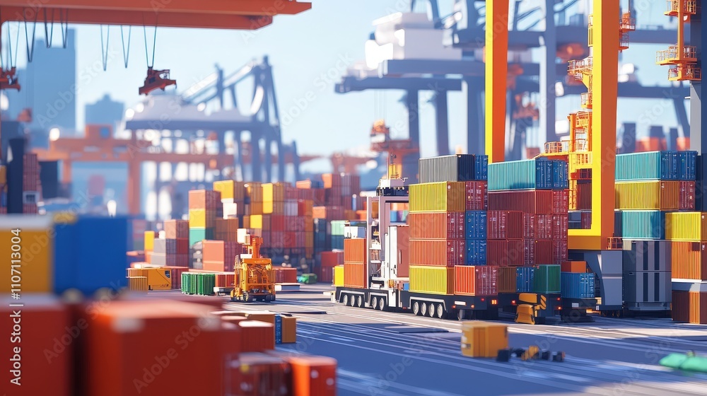 Poster a dynamic port scene showing the freight forwarding process at work