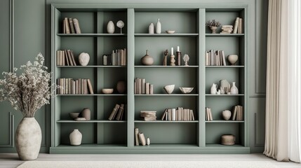 Sage green built-in bookcase filled with books, vases, and decor.