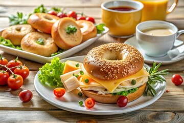 A beautifully arranged breakfast bagel topped with assorted cheeses, elegantly plated and captured in natural light, creating the ideal morning meal for food enthusiasts.