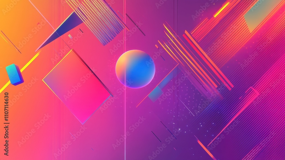 Poster a futuristic digital background featuring floating geometric shapes and glowing lines.