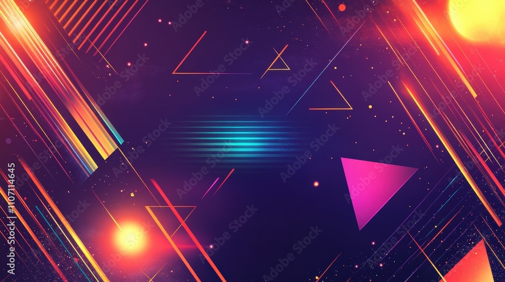Poster a futuristic digital background featuring floating geometric shapes and glowing lines.