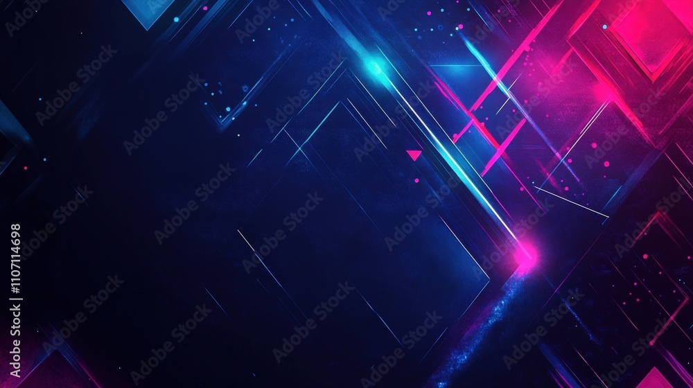 Poster a futuristic digital background featuring floating geometric shapes and glowing lines.