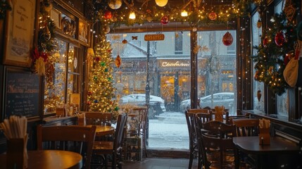 Fototapeta premium Charming Cozy Restaurant Interior with Christmas Decorations and Snowy View Outside Capturing the Perfect Holiday Atmosphere in a Winter Wonderland